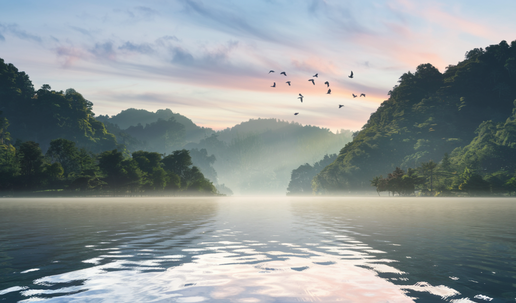 lac-montagnes-brume-oiseaux-lever-soleil