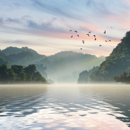 lac-montagnes-brume-oiseaux-lever-soleil