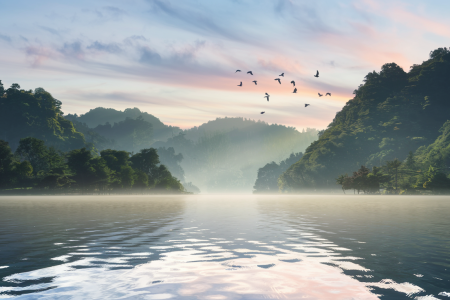 lac-montagnes-brume-oiseaux-lever-soleil