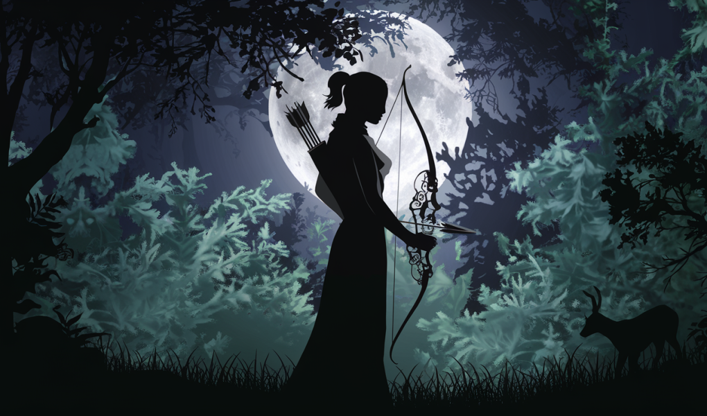 femme-arc-foret-lumiere-lune