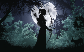 femme-arc-foret-lumiere-lune
