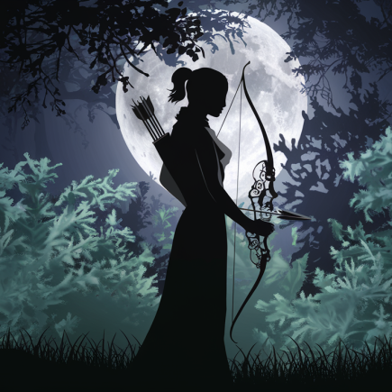 femme-arc-foret-lumiere-lune