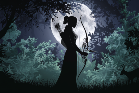 femme-arc-foret-lumiere-lune