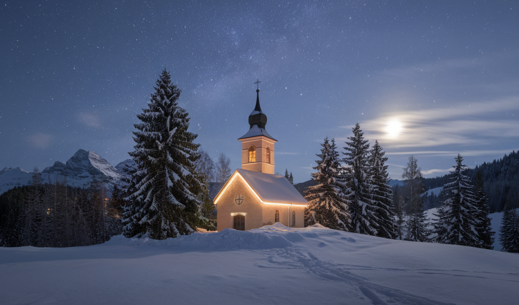 eglise-illuminée-sapins-neige-montagnes