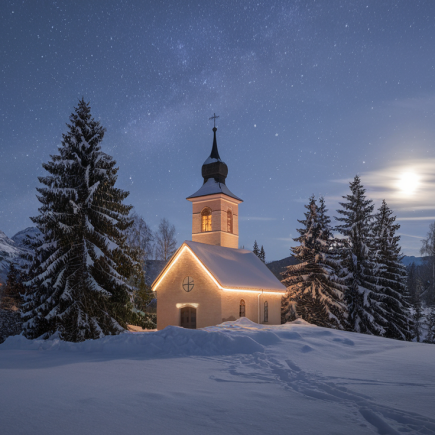 eglise-illuminée-sapins-neige-montagnes