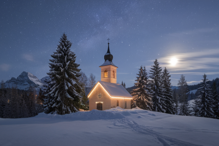 eglise-illuminée-sapins-neige-montagnes