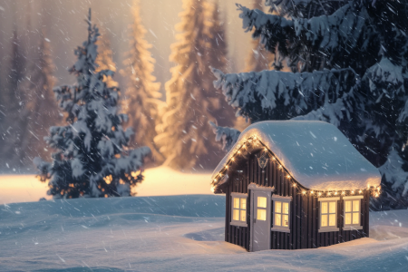 maison-bois-neige-coniferes-hiver