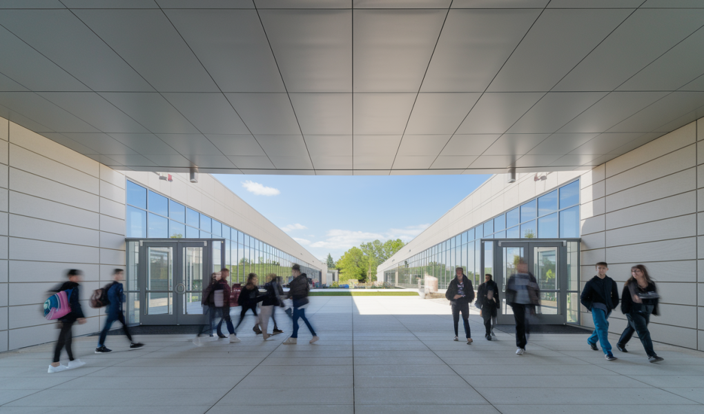 batiment-scolaire-moderne-eleves-arbres-ciel