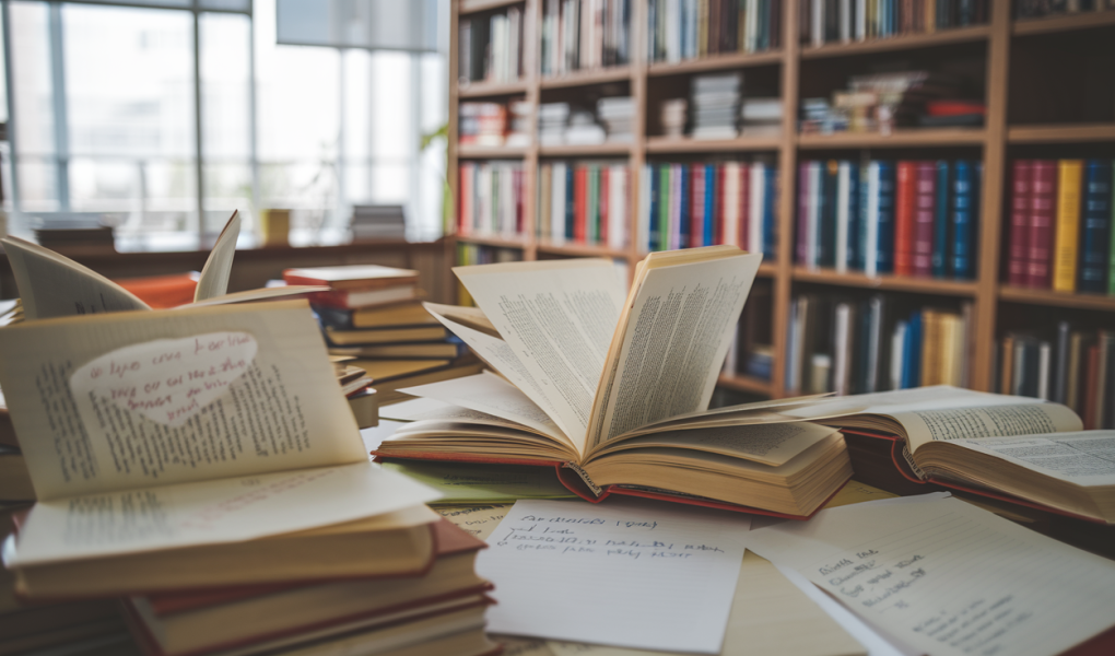 bureau-livres-notes-etagere-dictionnaires