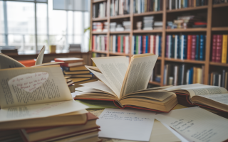 bureau-livres-notes-etagere-dictionnaires